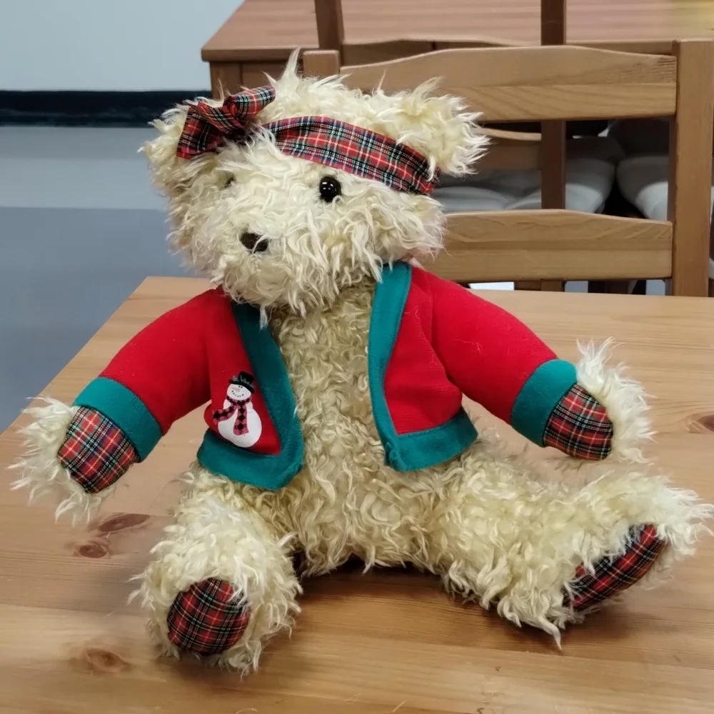 ✓VTG Hallmark Christmas Stuffed Merrily Bear w/ Snowman Coat + Bow Headband 11in - Picture 3 of 13
